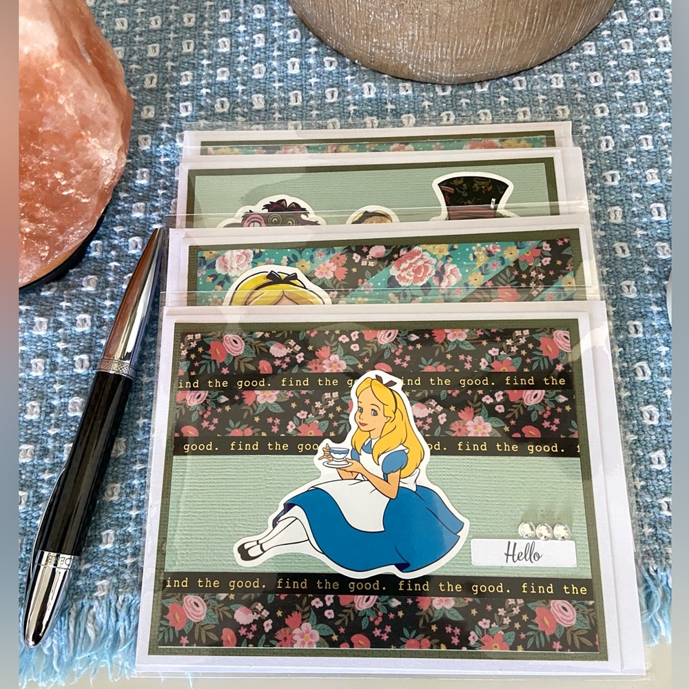 Set Of 4 Handmade Alice In Wonderland Note Cards